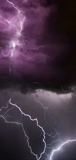 Purple lightning strikes against dark storm clouds in this dramatic mobile wallpaper.