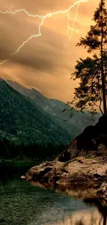 Thunderstorm over a serene mountain lake with lightning.