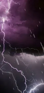 Purple lightning in a stormy sky with rain and dark clouds.