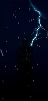 Vivid lightning bolt over dark city skyline at night.