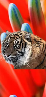 Tiger in jungle amidst vibrant red flora