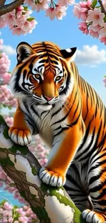 Tiger sitting amidst cherry blossoms in a serene digital art setting.