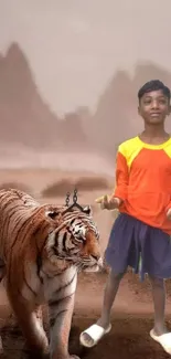 A young boy stands with a tiger in a desert landscape.