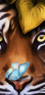 Tiger face with a blue butterfly perched on its nose.