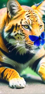 Majestic tiger with blue butterfly in vibrant jungle setting.