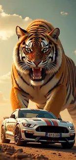 Majestic tiger towering over a sleek car at sunset.