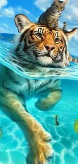 Tiger swimming with cat in blue ocean, surrounded by fish.