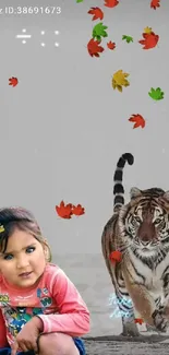 A child with a tiger in a creative wallpaper design.