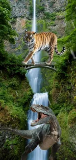 Tiger on bridge with waterfall and dinosaur in lush green landscape.