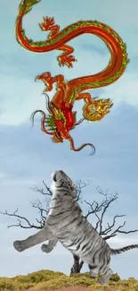 Fierce tiger leaping towards red dragon sky