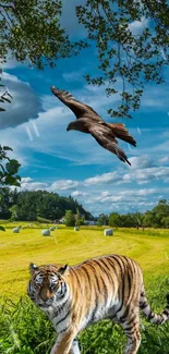 Tiger and eagle in a lush green meadow under a bright blue sky.