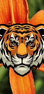 Tiger face blended with orange flower against lush green leaves wallpaper.