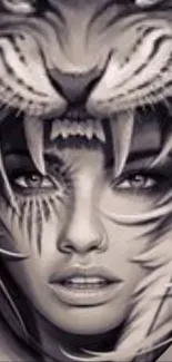 Grayscale artwork blending a woman's face with a tiger.