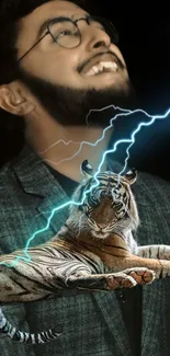 Fantasy tiger with lightning and smiling figure in dark, artistic wallpaper.