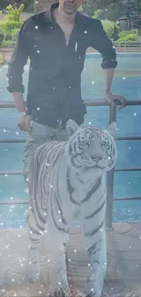 Man and white tiger in a sparkling blue setting.