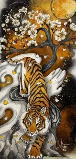 Tiger under moon with cherry blossoms in digital art style.