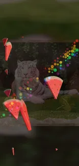 White tiger and watermelon slices in a fantasy mobile wallpaper scene.