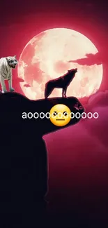 Tiger and wolf silhouetted against a full moon, with an emoji face below.