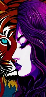 Vibrant tiger and woman face art in purple hues, perfect for mobile wallpaper.