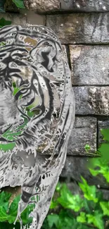 Silver tiger silhouette on stone wall with green plants.