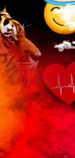 Colorful tiger and heart emoji wallpaper with vibrant red hues.