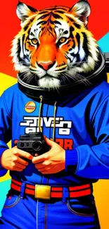 Vibrant tiger astronaut holding a camera with a colorful abstract background.