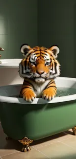 Tiger sitting in a green bathtub in stylish bathroom wallpaper.