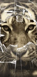 Tiger's face behind cracked glass, eyes intently staring.