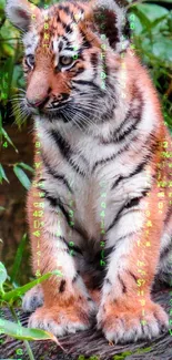 Tiger cub sitting on a log with green jungle foliage.