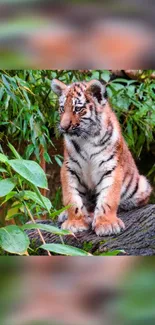 Cute tiger cub sitting in lush greenery with vivid colors.