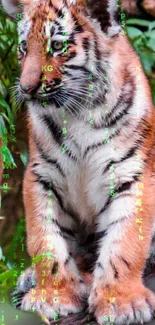 Tiger cub with green digital text matrix overlay.