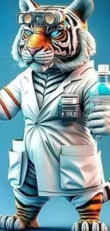 Cartoon tiger dressed as a doctor holding medical tools.