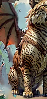 Tiger-dragon hybrid in fantasy landscape wallpaper.