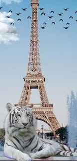 White tiger in front of Eiffel Tower with birds.