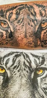 Realistic tiger eye tattoo on arm, close-up art.