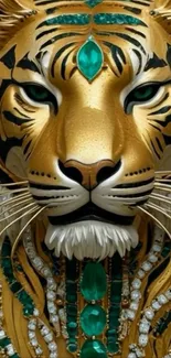 Tiger face adorned with emerald jewels and gold accents in artistic design.
