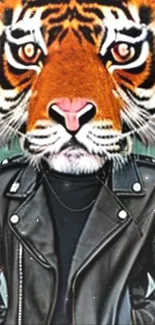 Tiger head with leather jacket artistic wallpaper.