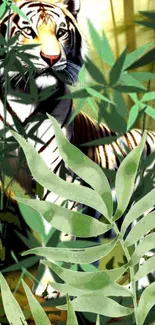 Artistic depiction of a tiger in a lush bamboo jungle setting.