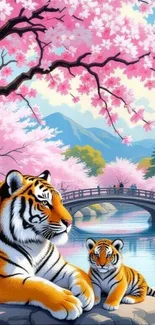 Tiger sits under cherry blossoms near a tranquil bridge.
