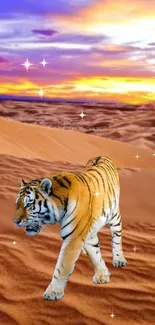 Tiger walks in a vibrant desert sunset with colorful sky above.