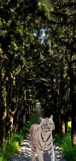 Majestic tiger stands on a serene forest pathway surrounded by lush greenery.