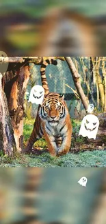 Tiger in a forest with ghost illustrations, perfect for Halloween.