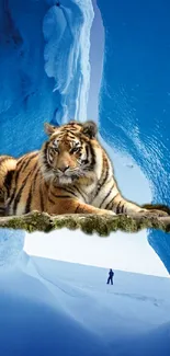 Tiger resting in an icy blue cave with a distant explorer.