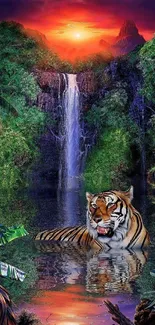 Majestic tiger amidst jungle waterfall at sunset, vibrant nature scene.