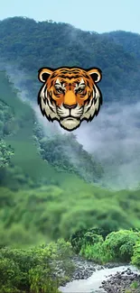 Tiger head over misty green mountain landscape.