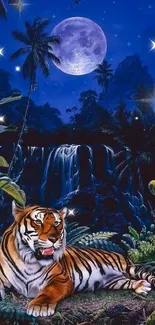 Tiger resting under a moonlit sky in a jungle, with a waterfall in background.