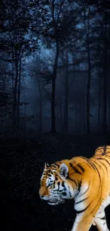 Tiger in a mystical dark forest captures nature's allure.