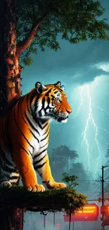 Majestic tiger on urban backdrop with lightning storm.