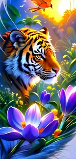 Majestic tiger surrounded by vibrant flowers in a jungle setting.