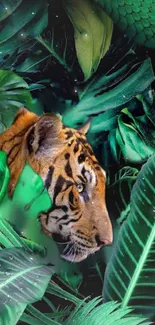 Tiger nestled in vivid jungle leaves wallpaper.